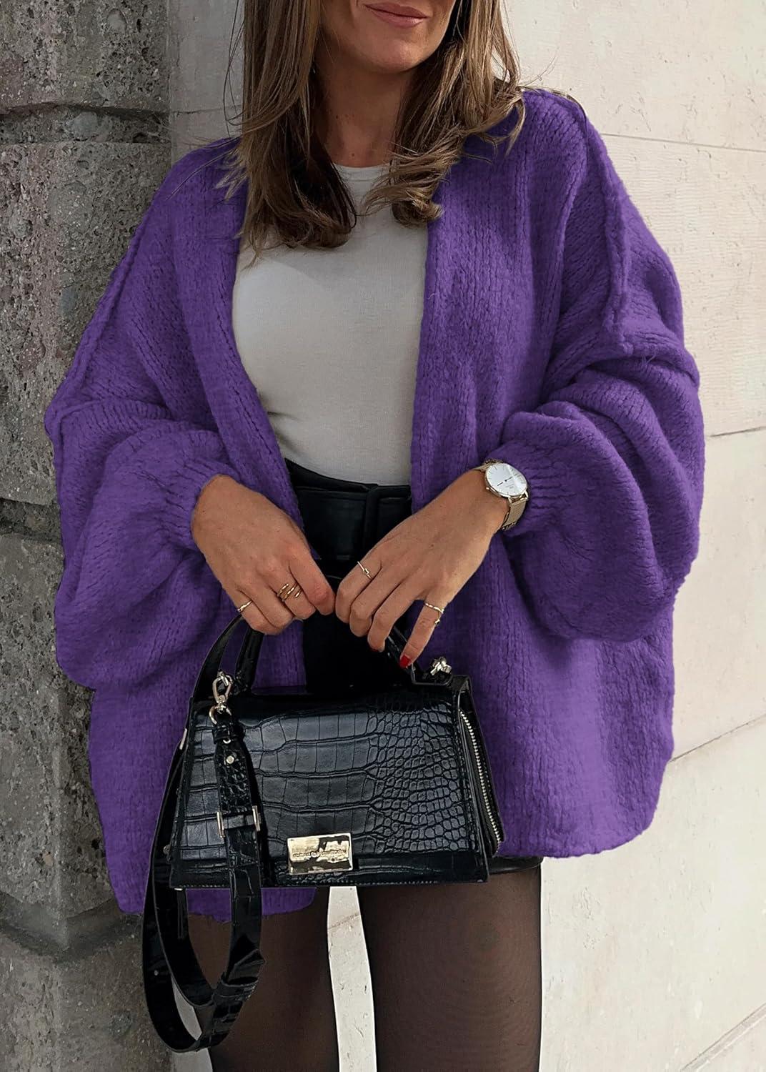 imageATHMILE Womens Fall Oversized Cardigan Sweaters Long Lantern Sleeve Knit Open Front Lightweight Winter Fashion Clothes 2025Purple