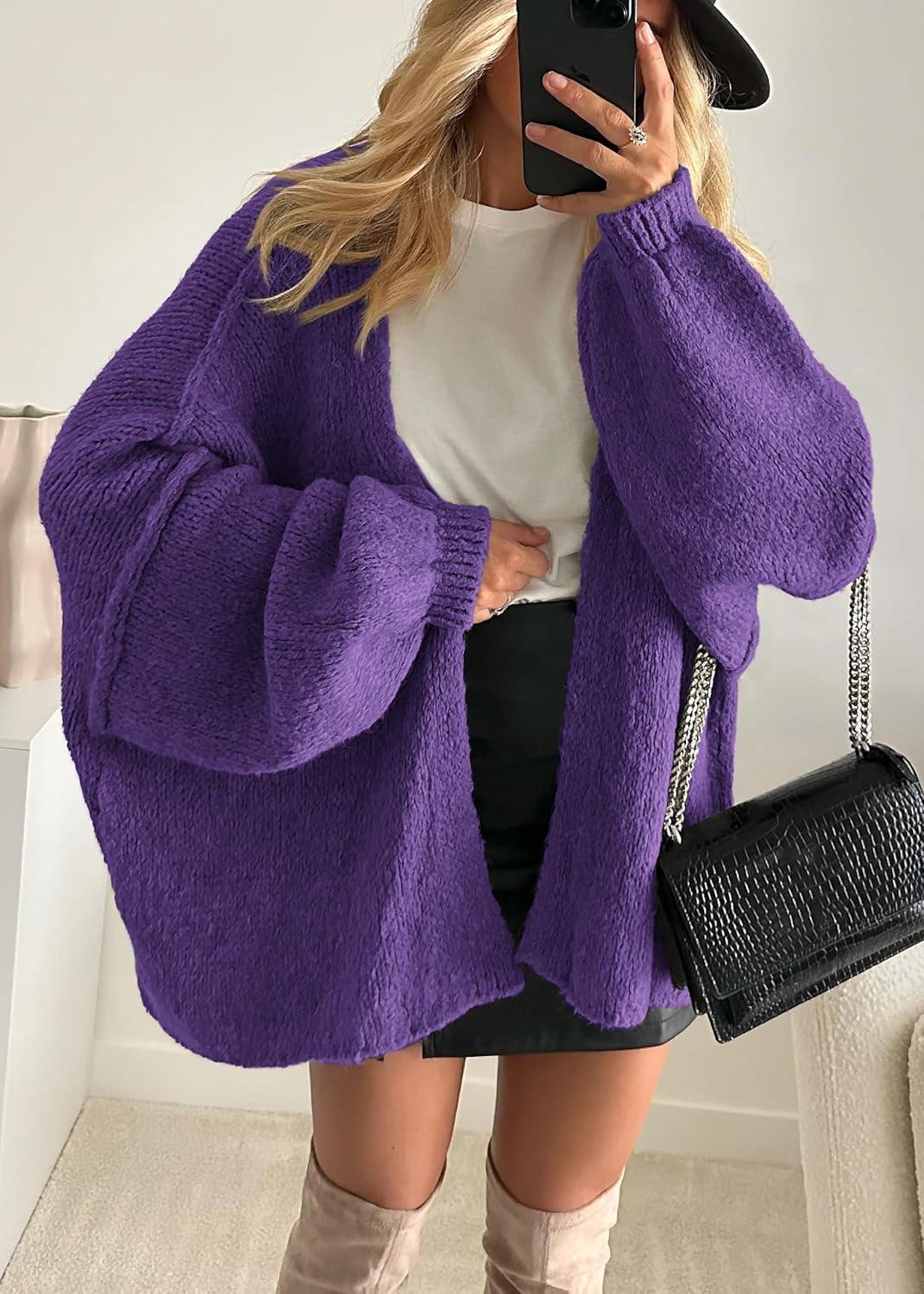 imageATHMILE Womens Fall Oversized Cardigan Sweaters Long Lantern Sleeve Knit Open Front Lightweight Winter Fashion Clothes 2025Purple