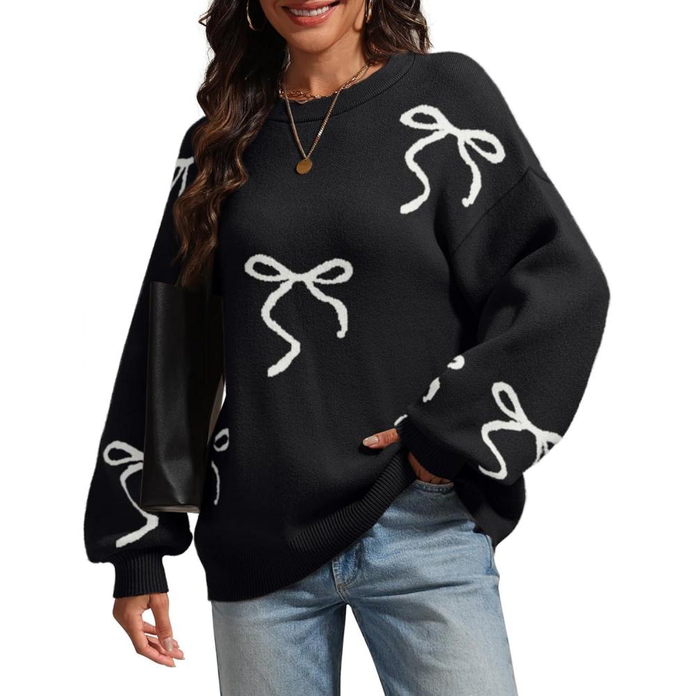 imageATHMILE Fall Sweaters for Women 2025 Fashion Cute Bow Knit Pullover Trendy Long Sleeve Oversized Sweater Winter ClothingBlack