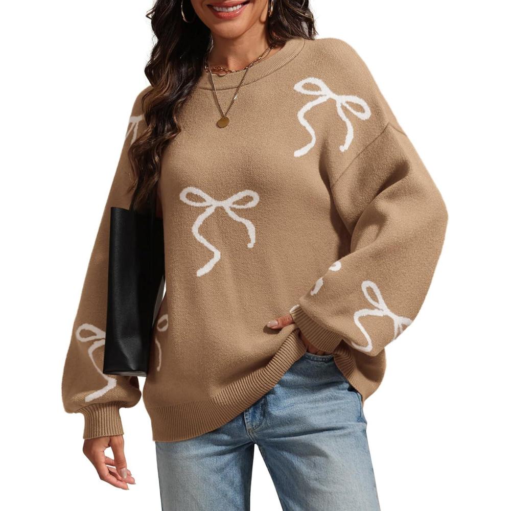 imageATHMILE Fall Sweaters for Women 2025 Fashion Cute Bow Knit Pullover Trendy Long Sleeve Oversized Sweater Winter ClothingCamel