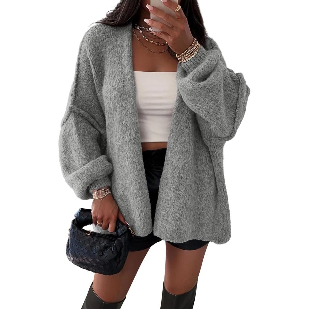 imageATHMILE Womens Fall Oversized Cardigan Sweaters Long Lantern Sleeve Knit Open Front Lightweight Winter Fashion Clothes 2025Gray