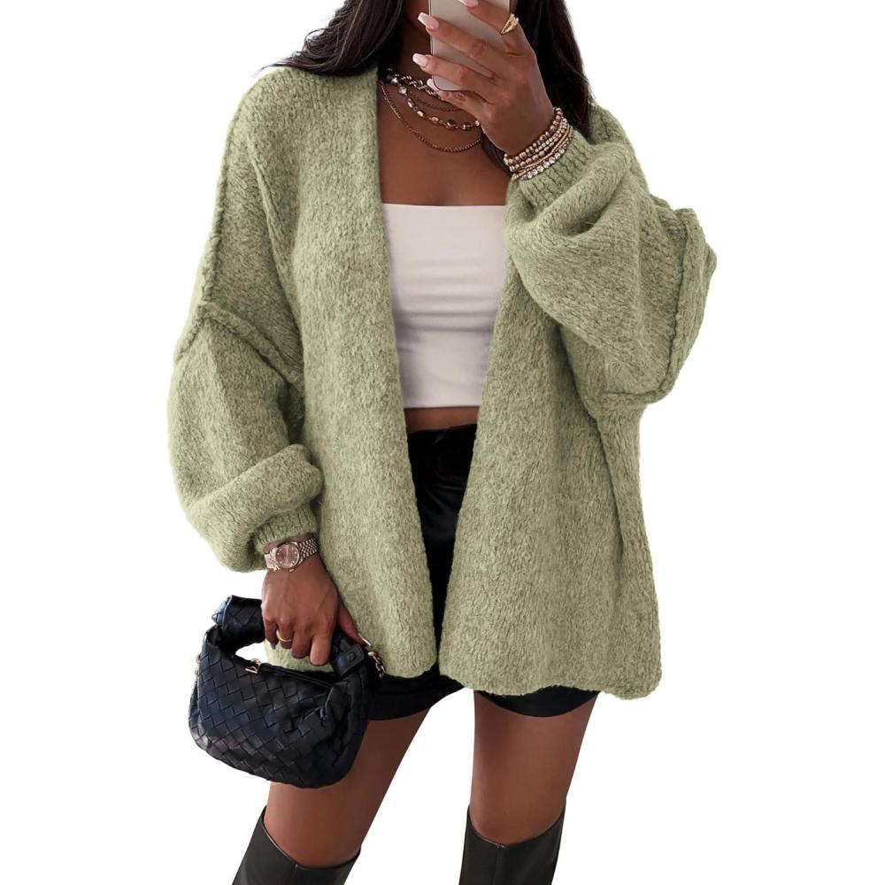 imageATHMILE Womens Fall Oversized Cardigan Sweaters Long Lantern Sleeve Knit Open Front Lightweight Winter Fashion Clothes 2025Light Gray Green
