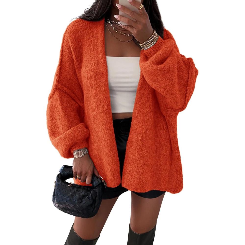 imageATHMILE Womens Fall Oversized Cardigan Sweaters Long Lantern Sleeve Knit Open Front Lightweight Winter Fashion Clothes 2025Orange