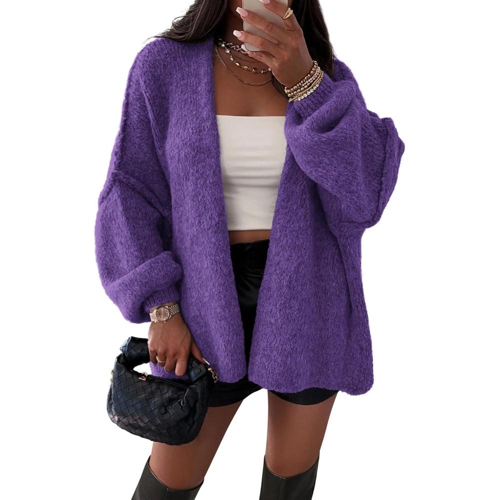 imageATHMILE Womens Fall Oversized Cardigan Sweaters Long Lantern Sleeve Knit Open Front Lightweight Winter Fashion Clothes 2025Purple