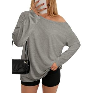 imageATHMILE Off The Shoulder Tops for Women 2025 Fall Long Sleeve Oversized Tshirts Fashion Going Out Outfits Casual Basic TeesGrey