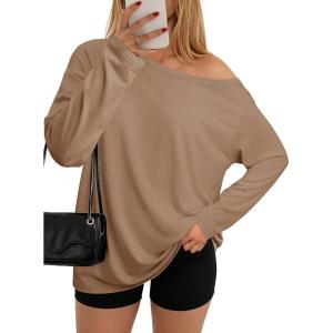 imageATHMILE Off The Shoulder Tops for Women 2025 Fall Long Sleeve Oversized Tshirts Fashion Going Out Outfits Casual Basic TeesKhaki