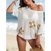 imageATHMILE Womens Floral Spring Tops Summer Fashion Shirts Short Sleeve Beach Vacation Crochet Knit Sweater Lightweight PulloverWhite