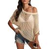 imageATHMILE Womens Short Sleeve Sweaters Scoop Neck Summer Beach Cover up Casual Crochet Hollow Out Knit Tops Pullover ShirtsApricot