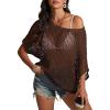 imageATHMILE Womens Short Sleeve Sweaters Scoop Neck Summer Beach Cover up Casual Crochet Hollow Out Knit Tops Pullover ShirtsCoffee