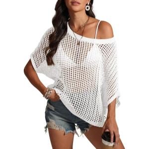 imageATHMILE Womens Short Sleeve Sweaters Scoop Neck Summer Beach Cover up Casual Crochet Hollow Out Knit Tops Pullover ShirtsWhite