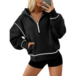imageATHMILE Womens Fall Hoodies Half Zip Sweatshirts Long Sleeve Cropped Hooded Pullover Winter Fashion Clothes 2025Black