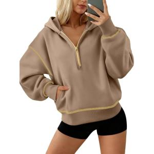 imageATHMILE Womens Fall Hoodies Half Zip Sweatshirts Long Sleeve Cropped Hooded Pullover Winter Fashion Clothes 2025Khaki