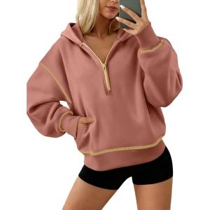imageATHMILE Womens Fall Hoodies Half Zip Sweatshirts Long Sleeve Cropped Hooded Pullover Winter Fashion Clothes 2025Pink