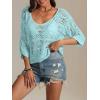 imageATHMILE Womens Sweater Spring Summer Crochet Hollow Out 34 Sleeve Pullover Sweater Off Shoulder Sweater 2025Light Blue