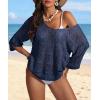 imageATHMILE Womens Sweater Spring Summer Crochet Hollow Out 34 Sleeve Pullover Sweater Off Shoulder Sweater 2025Navy Blue