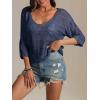 imageATHMILE Womens Sweater Spring Summer Crochet Hollow Out 34 Sleeve Pullover Sweater Off Shoulder Sweater 2025Navy Blue