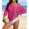 imageATHMILE Womens Sweater Spring Summer Crochet Hollow Out 34 Sleeve Pullover Sweater Off Shoulder Sweater 2025Rose Red