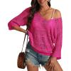 imageATHMILE Womens Sweater Spring Summer Crochet Hollow Out 34 Sleeve Pullover Sweater Off Shoulder Sweater 2025Rose Red
