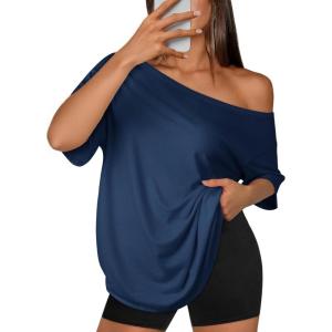 imageATHMILE Oversized TShirts for Womens Off The Shoulder Tops Short Sleeve Tees Summer 2025 Casual Spring Fashion ClothesBlue