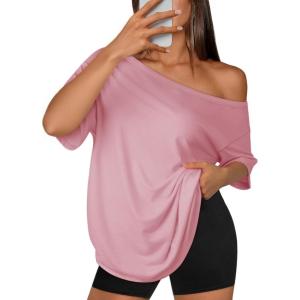imageATHMILE Oversized TShirts for Womens Off The Shoulder Tops Short Sleeve Tees Summer 2025 Casual Spring Fashion ClothesPink