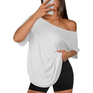 imageATHMILE Oversized TShirts for Womens Off The Shoulder Tops Short Sleeve Tees Summer 2025 Casual Spring Fashion ClothesWhite