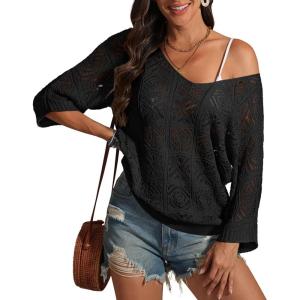 imageATHMILE Womens Sweater Spring Summer Crochet Hollow Out 34 Sleeve Pullover Sweater Off Shoulder Sweater 2025Black