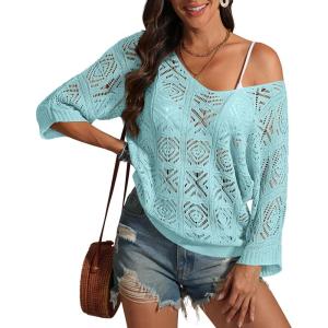 imageATHMILE Womens Sweater Spring Summer Crochet Hollow Out 34 Sleeve Pullover Sweater Off Shoulder Sweater 2025Light Blue