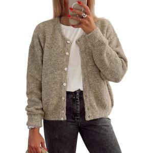 imageATHMILE Fall Long Sleeve Cardigans for Women Sweater Fashion Open Front Winter Button Down Crewneck Loose Knit Jacket 2025 Khaki