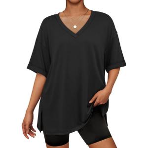 imageATHMILE Oversized Tshirts for Women Summer 2026 V Neck Casual Workout Plus Size Tops Spring Fashion Cute Basic Trendy OutfitsBlack