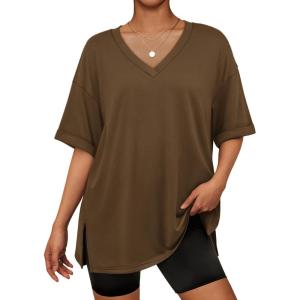 imageATHMILE Oversized Tshirts for Women Summer 2026 V Neck Casual Workout Plus Size Tops Spring Fashion Cute Basic Trendy OutfitsBrown