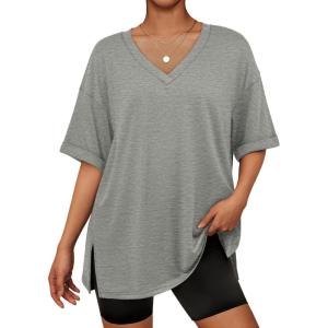 imageATHMILE Oversized Tshirts for Women Summer 2026 V Neck Casual Workout Plus Size Tops Spring Fashion Cute Basic Trendy OutfitsGrey