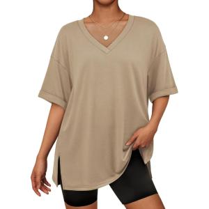 imageATHMILE Oversized Tshirts for Women Summer 2026 V Neck Casual Workout Plus Size Tops Spring Fashion Cute Basic Trendy OutfitsKhaki