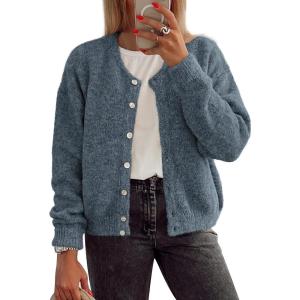 imageATHMILE Fall Long Sleeve Cardigans for Women Sweater Fashion Open Front Winter Button Down Crewneck Loose Knit Jacket 2025 Grey Blue