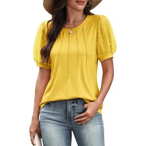 imageATHMILE Womens Summer Tops Pleated Crew Neck T Shirts Swiss Dot Puff Sleeve Loose Casual Blouses Trendy Date OutfitsLemon Yellow