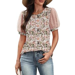 imageATHMILE Womens Summer Tops Pleated Crew Neck T Shirts Swiss Dot Puff Sleeve Loose Casual Blouses Trendy Date OutfitsThe Butterfly