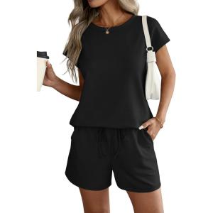 imageATHMILE Womens Two Piece Sets Summer Crew Neck Cap Sleeve Tops Lounge Shorts Beach Vacation Rompers Outfits With PocketsBlack