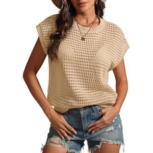 imageATHMILE Womens Spring Tops Summer Shirts Beach Vacation Crochet Cap Sleeve Knit Sweater Pullover Cute Fashion ClothesKhaki