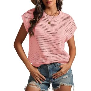 imageATHMILE Womens Spring Tops Summer Shirts Beach Vacation Crochet Cap Sleeve Knit Sweater Pullover Cute Fashion ClothesPink