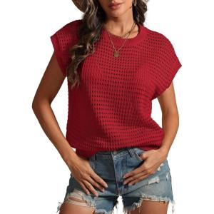 imageATHMILE Womens Spring Tops Summer Shirts Beach Vacation Crochet Cap Sleeve Knit Sweater Pullover Cute Fashion ClothesRed