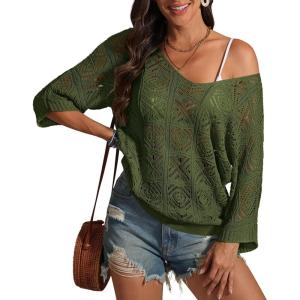 imageATHMILE Off The Shoulder Tops for Women Spring Summer Crochet Hollow Out 34 Sleeve Pullover Sweater Beach Vacation ClothesArmy Green