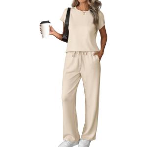imageATHMILE Two Piece Sets for Women Casual Summer Travel Outfits Cap Sleeve Vacation Cap Sleeve Wide Leg Pants Lounge SetBeige