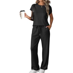 imageATHMILE Two Piece Sets for Women Casual Summer Travel Outfits Cap Sleeve Vacation Cap Sleeve Wide Leg Pants Lounge SetBlack