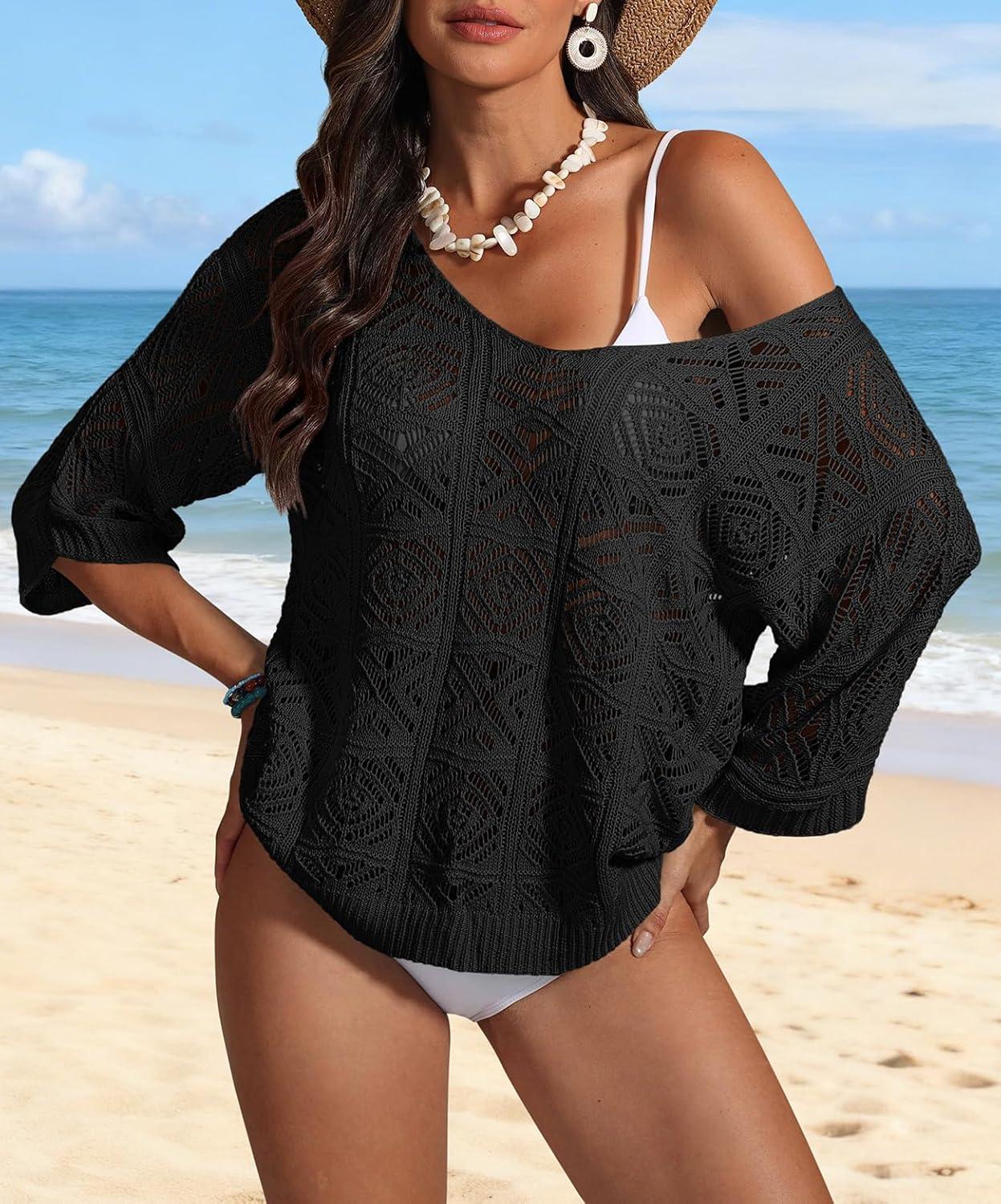 imageATHMILE Off The Shoulder Tops for Women Summer Crochet Hollow Out 34 Sleeve Pullover Sweater Beach Coverup Vacation ClothesBlack