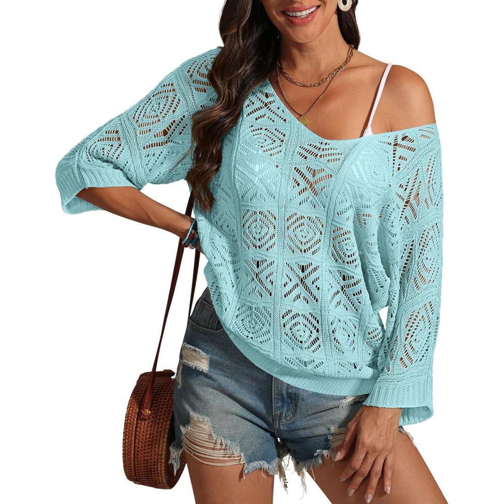 imageATHMILE Off The Shoulder Tops for Women Summer Crochet Hollow Out 34 Sleeve Pullover Sweater Beach Coverup Vacation ClothesLight Blue