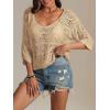 imageATHMILE Off The Shoulder Tops for Women Summer Crochet Hollow Out 34 Sleeve Pullover Sweater Beach Coverup Vacation ClothesCamel
