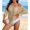 imageATHMILE Off The Shoulder Tops for Women Summer Crochet Hollow Out 34 Sleeve Pullover Sweater Beach Coverup Vacation ClothesCamel