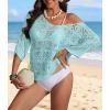 imageATHMILE Off The Shoulder Tops for Women Summer Crochet Hollow Out 34 Sleeve Pullover Sweater Beach Coverup Vacation ClothesLight Blue