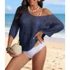 imageATHMILE Off The Shoulder Tops for Women Summer Crochet Hollow Out 34 Sleeve Pullover Sweater Beach Coverup Vacation ClothesNavy Blue