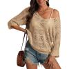 imageATHMILE Off The Shoulder Tops for Women Summer Crochet Hollow Out 34 Sleeve Pullover Sweater Beach Coverup Vacation ClothesCamel