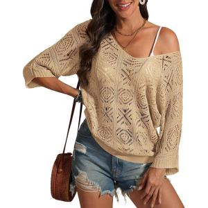imageATHMILE Off The Shoulder Tops for Women Summer Crochet Hollow Out 34 Sleeve Pullover Sweater Beach Cover up Vacation ClothesCamel